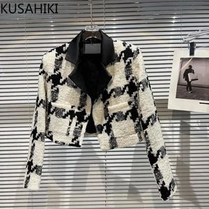 Dames jassen kusahiki hit kleur patchwork tweed short jas dames herfst winter dik jas elegant turn collar Korean outsear tops 231123