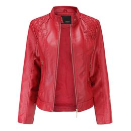 Chaquetas de mujer chaqueta de cuero cremalleras de mujer primavera otoño PU cuello mandarín rojo Motor Biker abrigo mujer de gran tamaño 230808