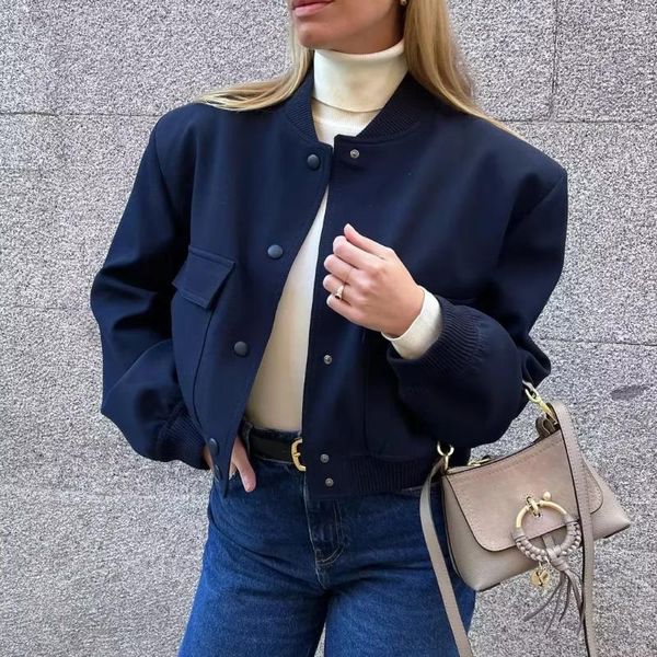 Vestes Femmes Bleu Marine Bomber Veste Femmes Kaki Vert Lâche Manteau Court Survêtement Casual Mode Coréenne Chic De Base Vintage Poche Rétro