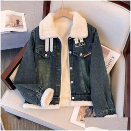 Damesjassen oc2417 winter jas denim p jas lam fleece korte mode stonewashed retro aanpassing drop levering kleding doek dhmvw