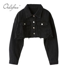 Femmes Vestes Ordifree Automne Femmes Denim Veste De Mode Streetwear Casual Lâche Outwear Noir Court Déchiré Jeans Veste Manteau Coton 230224