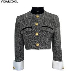 Femmes Vestes Rétro Mode Veste Printemps vêtements design sens col montant équestre français tweed manteau court Femmes 231129