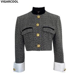 Vestes pour femmes Veste de mode rétro Vêtements de printemps Design Send Standup collier équestre français tweed court manteau femme 230223