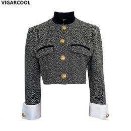 Vestes pour femmes Veste de mode rétro Printemps Vêtements pour femmes design sens col montant vêtements équestres tweed français manteau court femmes 231016