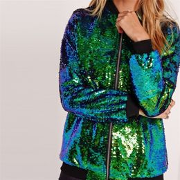 Femmes Vestes Printemps Automne Femmes Paillettes Manteau Vert Bomber Veste À Manches Longues Fermeture Éclair Streetwear Tunique Lâche Casual Basic Lady Outwear 220830