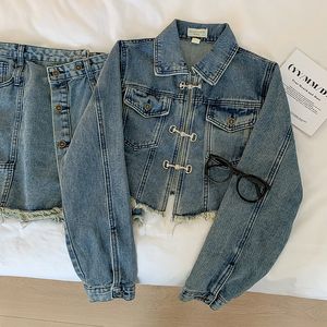 Damesjassen Lente Vintage Y2K Denim Jas Dames Elegant Temperament Alle Match Effen Kleur Lange Mouw Top Slanke Chique Rok 778