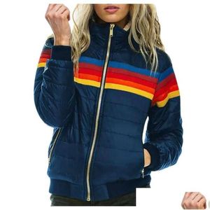 Femmes Vestes Stripe Arc-En-Ciel Imprimé Mince À Capuche Veste Femmes Hiver Coton Parka Pour Plus La Taille Manteau Drop Delivery A Dhfxb