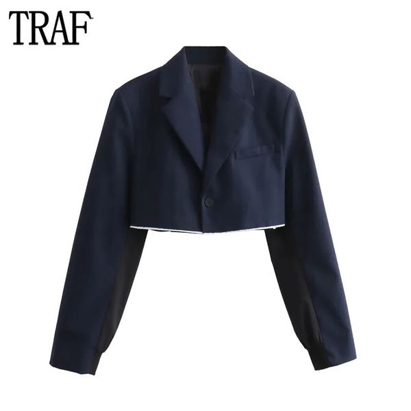 Vestes pour femmes TRAF rayé recadrée Blazers pour femmes bleu Bomber veste à manches longues contraste Blazer femme automne basique 231021