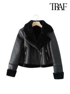 Womens Jackets TRAF femmes mode épais chaud hiver fourrure Faux cuir recadrée veste manteau Vintage à manches longues vêtements de dessus pour femmes Chic hauts 231116