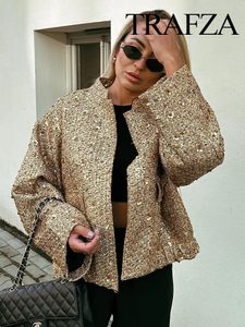 Womens Jackets TRAFZA Women Fashion Shiny Sequin Jacket Y2k Gold Color Stand Collar Long Sleeve Short Coat Autumn Winter Ladies High Streetwear 231101