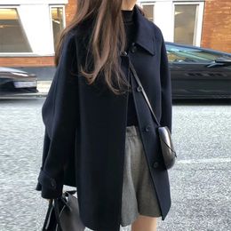 Женские куртки, винтажное черное шерстяное пальто Хепберн, женское женское стильное однотонное утепленное свободное корейское зимнее пальто 231120