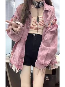 Femmes vestes Vintage doux cool rose patchwork denim manteau étudiantes printemps et automne lâche blanc veste haut 230817