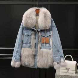 Vestes d'hiver pour femmes, manteau de fourrure, couture en Denim, grand col, coréen, ample, coton, Long, 220829