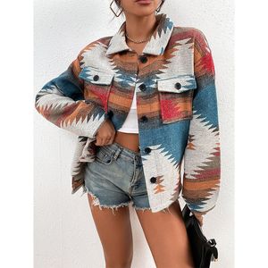 Chaquetas para mujer Chaqueta de invierno Mujer Azteca Geométrica Shacket Solapa Manga larga Botón Abajo Camisas cálidas Hendidura con bolsillos Abrigo Casual Outwear 230114