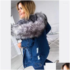 Dames jassen winterjack dames denim jassen bont capuchon Jean dikke lange mouw overjas plus size outparden top jeans xs-5xl drop deli dhvjv