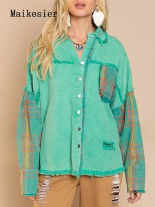 Femmes Vestes Femmes Denim Veste Automne Mode Plaid Couture Lâche Vert Jean Bureau Lady Streetwear Casual Tops Survêtement 230223