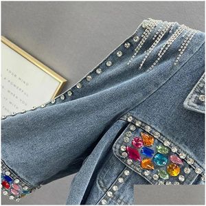 Vestes pour femmes femmes courte de la veste de jean manteau printemps perlé diamants chaîne tassel burrs burrs ourlet mi-manches jeans femelles streetwear 2 dhjlt