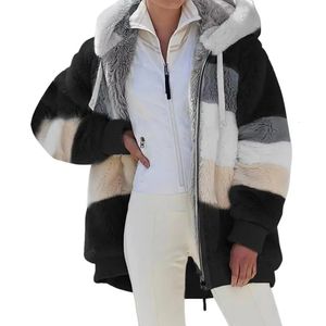 Damesjassen Dames Winterjas Warm Patchwork Ritszak Stiksels Capuchon Imitatiebont Lange mouwen Vest Harig Slanke Dame Fleecejack 231218