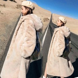 Femmes vestes femmes hiver à capuche lapin fourrure pardessus long manteau en fausse fourrure épaissir chaud grande taille vêtements d'extérieur 220926