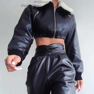 Femmes Vestes Femmes Faux Cuir Veste Courte À Manches Longues Zip Up Fourrure Revers Moteur Biker Manteau Femmes Mode Streetwear Peluche Hiver