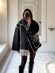 Vestes pour femmes mélanges de laine contraste en manteau de femmes à poitrine simple avec écharpe à manches longues surdimensionnées ves à veste en vrac 2023 automne