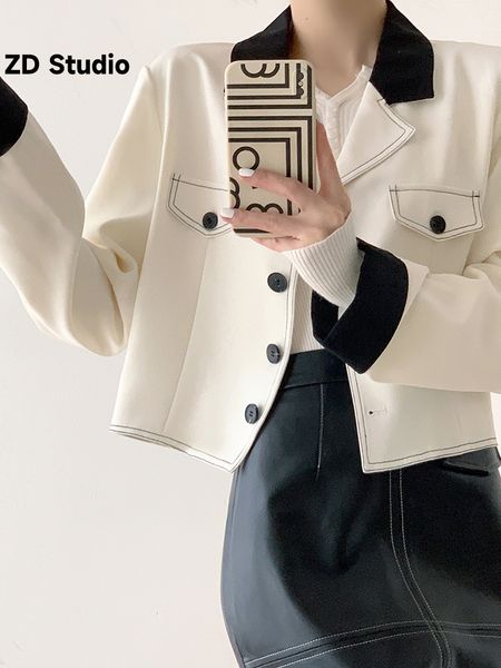 Vestes pour femmes ZD Studio femmes court contraste couleur crantée manches longues simple boutonnage manteau automne vêtements 230822