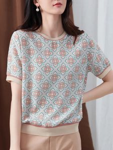 Dames jacquard gebreide t -shirt zomer ijs zijden korte mouw o nek pullover tops Korean oversized losse t -shirt femme 240325