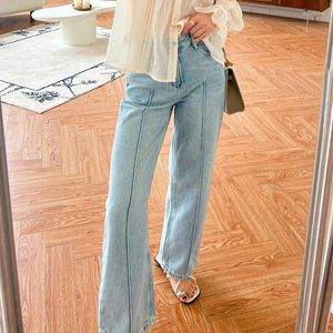 Dames jeans 2023 lente zomer dames streetwear gesplitste denim broek casual midden taille zakken rechte pijpen Koreaanse mode broek broek