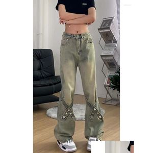 Jeans pour femmes 2023Tendance américaine Mode Rétro High Street Vibe Style Strappy Lavé Vieux Pantalon droit étroit à jambe large Drop Deliver Otazm