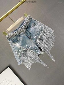 Jeans pour femmes 2024 Spring Summer Denim Shorts pour femmes européennes taille haute Slim bas déchiré perlé frangé jambe large pantalon court