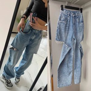 Jean femme 23ss Mm6 Margiela lavé bleu couteau coupe trou pantalon haute rue mode MM6 Denim pantalon 230918