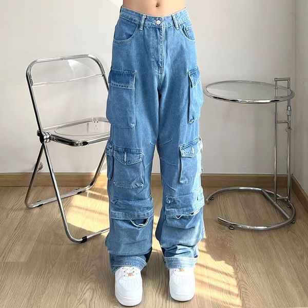 Damesjeans Antieke jeans Dames Y2K Street HipHop Wijde pijpen Rechte overalls Koppels MultiPocket Casual broek Unisex Trend Joker Jeans 231208