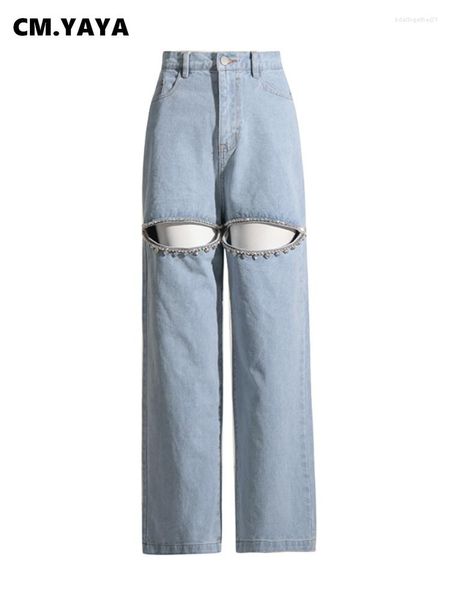 Jean Femme Cm.Femmes mode diamants épissage déchiré découpé avant amour dos jambe large 2023 Ins Street Denim pantalon pantalon