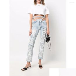 Damesjeans Congregatie Mode Diamanten Blootgestelde taillebandjes Jute Gescheurde gaten Gewassen Oud Stijlvol Trending Denim Drop Delivery Ap Otu3S