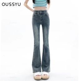 Dames jeans katoen denim uitlopende broek elastische sterkte vintage straatkleding hoge taille ultradunne moeder Harajuku broek plus lengte 240509