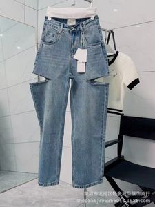 Damesjeans Ontwerpers Aankomst Hoge taille Straat Uitgeholde patch Geborduurde decoratie Casual blauwe rechte denim broek Merk Warm Loewee Paars Hig