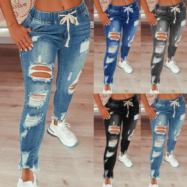 Femmes Jeans cordon Denim pour femmes déchiré trou Stretch Jean dames grande taille pleine longueur crayon pantalon 230614