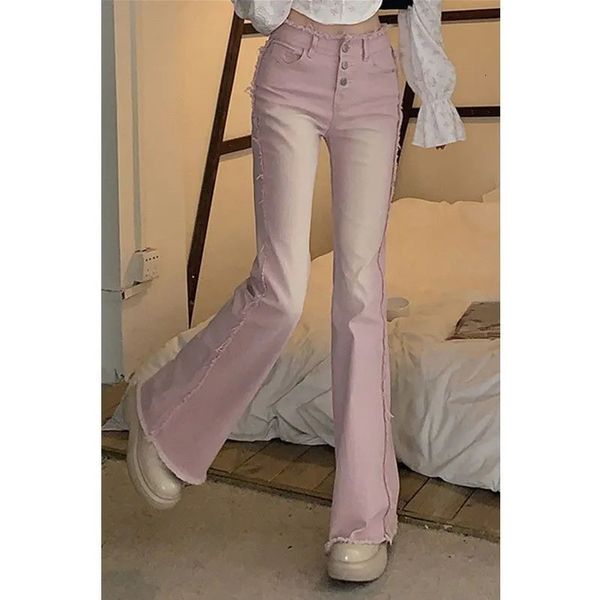 Jeans pour femmes Mode élastique rose à volants Patchwork femmes printemps automne solide taille haute bouton fermeture éclair poche lavé mince pantalon évasé 231005