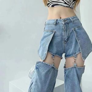 Dames jeans mode hollow out straatstijl gescheurd voor vrouwen hoge taille afneembare broek rechtdom los slanke allmatch denim broek 230823