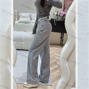 Damesjeans Mode Strass Letter Grijze Wijde Pijpen Retro Wassen Hoge Taille Casual Rechte Pijpen Jeans