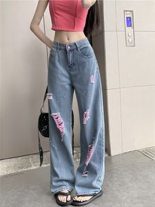 Dames jeans meisje gescheurd zomer hoog taille roze gescheurde losgekochte demin brede been broek mode casual vrouwelijke kleding 230530