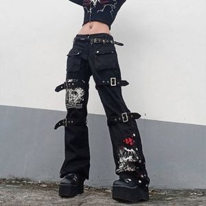 Dames jeans goth punk high taille harajuku metalen gesp hiphop print laadbroek brede been baggy losse denim broek 230530