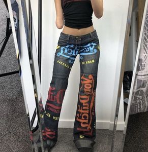 Femmes Jeans Harajuku Y2k Lettre Imprimé Femme Printemps High Street Pantalon Décontracté Lâche Ins Tendance Denim Pantalon 230426