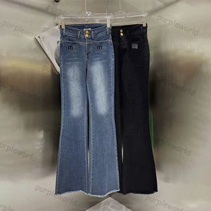 Womens jeans hoog getailleerde uitlopende broek brief borduurwerk ontwerp mode jeans casual denim broek