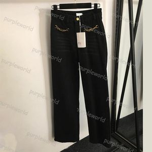 Womens Jeans hoog getailleerde rechte broek Hardware keten versierd Fashion Jeans wijde pijpen Pants178W