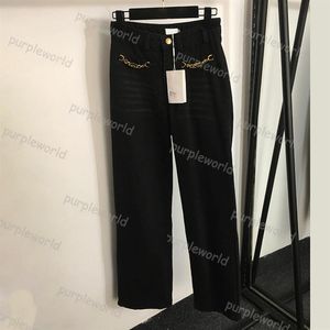 Womens Jeans Hoge Taille Rechte Broek Hardware Chain Versierd Mode Jeans Wijde Pijpen Pants202c