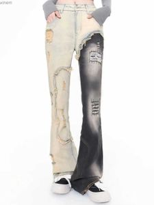 Damesjeans Hot Bell-bottoms Patchwork Geborduurd Kaki Splash-inkt Lente Herfst Hoge Taille Losse Rechte Retro Broek Insl240105