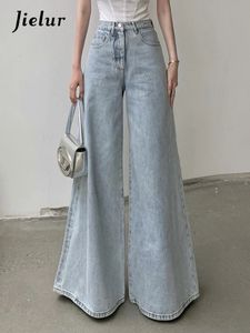 Jielur – jean bleu clair pour femme, pantalon Vintage, pleine longueur, ample, taille haute, couleur unie, jambes larges, mode Streetwear basique, 231215