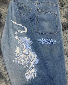 Jeans para mujer JNCO Y2K Harajuku Hip Hop Tiger Graphic Goth Retro Blue Baggy Denim Pantalones Hombres Mujeres Gótico Cintura alta Pantalón ancho 231219