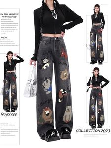 Jeans pour femmes jrjl imprimé Baggy Women 2024 Fashion Vintage High Waited Chic Streetwear Full Longueur Y2k Ligne large